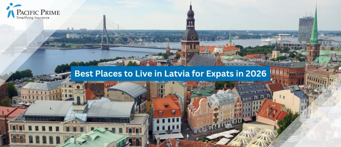 Image of Overcast Skyline Of Riga With Historic Rooftops And Winding River View with text overlay of "Best Places to Live in Latvia for Expats in 2026"