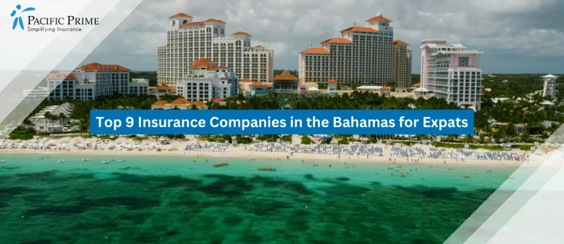 Image of Overhead Shot Of A Bahamas Coastline With Clear Blue Water, Sandy Shore, And Resort Area with text overlay of "Top 9 Insurance Companies in the Bahamas for Expats"