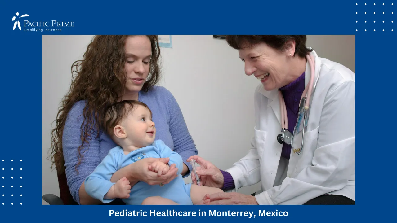 Image of Paediatrician Carefully Administering A Vaccine To An Infant with text overlay of "Pediatric Healthcare in Monterrey, Mexico"