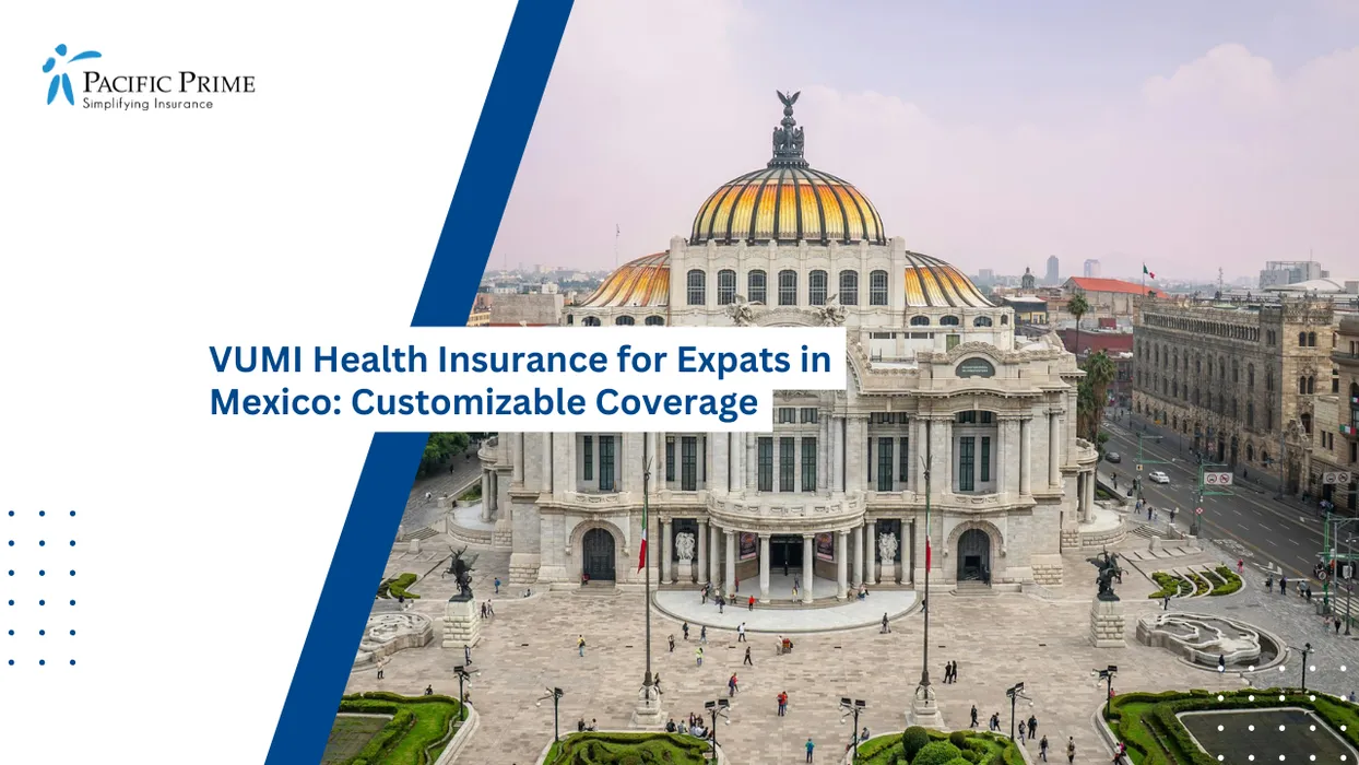 Image of Palacio De Bellas Artes Landmark In Mexico City’s Historic Center Along Avenida Juárez with text overlay of "VUMI Health Insurance for Expats in Mexico: Customizable Coverage"
