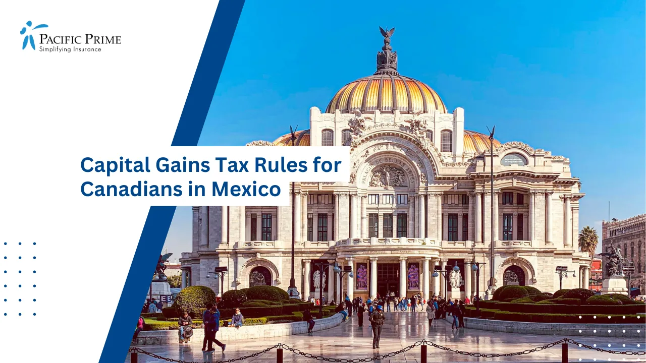 Image of Palacio De Bellas Artes Under Clear Blue Sky In Mexico City with text overlay of "Capital Gains Tax Rules for Canadians in Mexico"