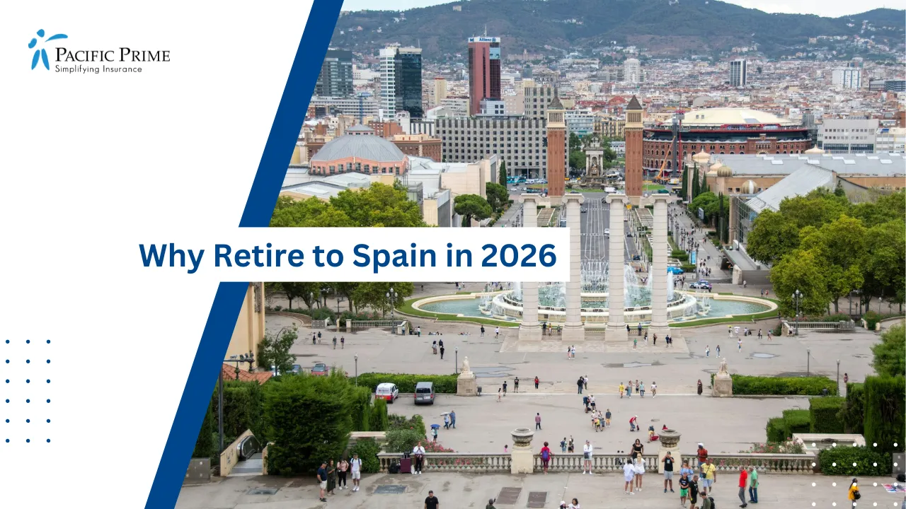 Image of Panoramic Barcelona Cityscape Seen From The MNAC Terrace with text overlay of "Why Retire to Spain in 2026"