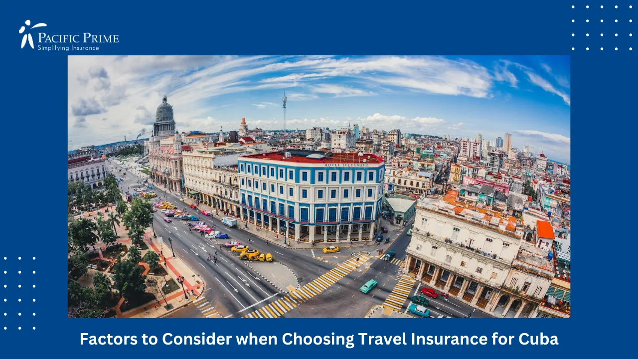 Image of Panoramic Cityscape View Of Havana, Cuba with text overlay of "Factors to Consider when Choosing Travel Insurance for Cuba"