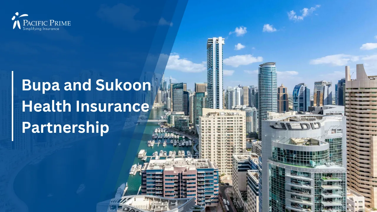 Image of Panoramic Cityscape With River Running Through Dubai Marina with text overlay of "Bupa and Sukoon Health Insurance Partnership"