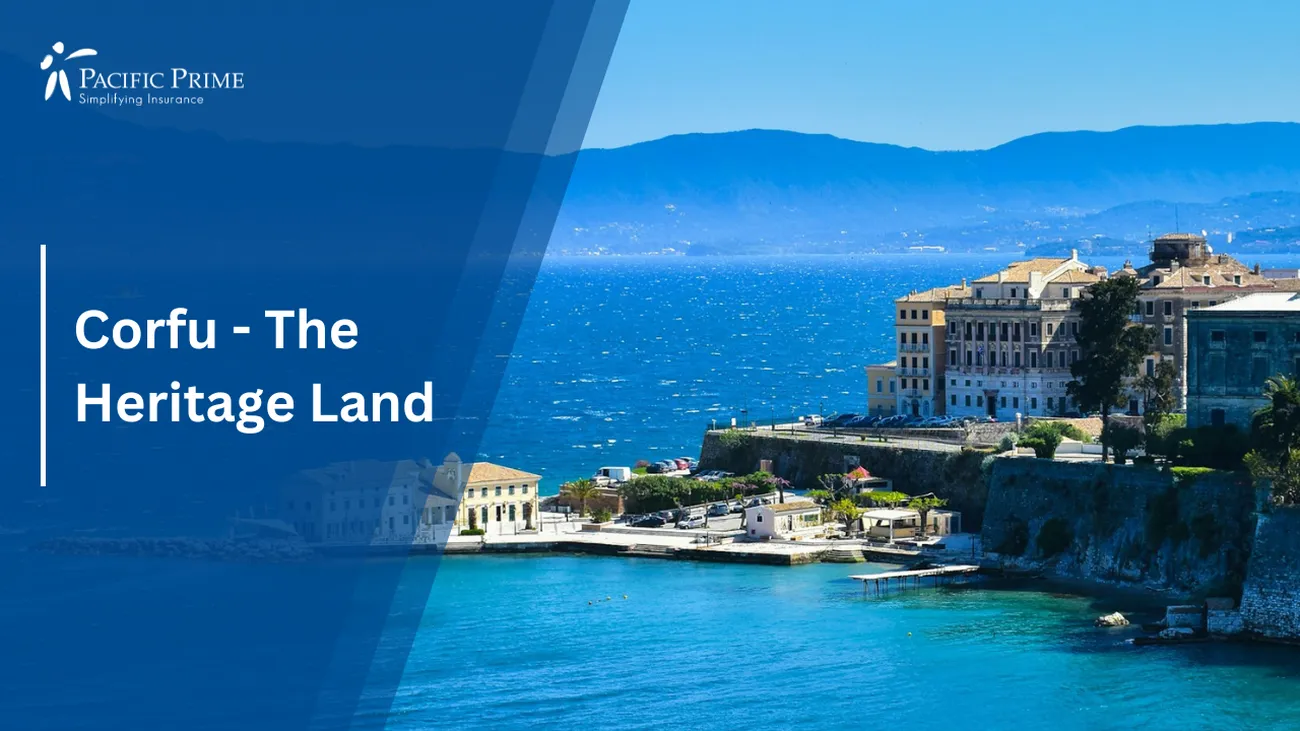 Image of Panoramic Corfu View: White & Brown Concrete Building Near Water with text overlay of "Corfu - The Heritage Land"
