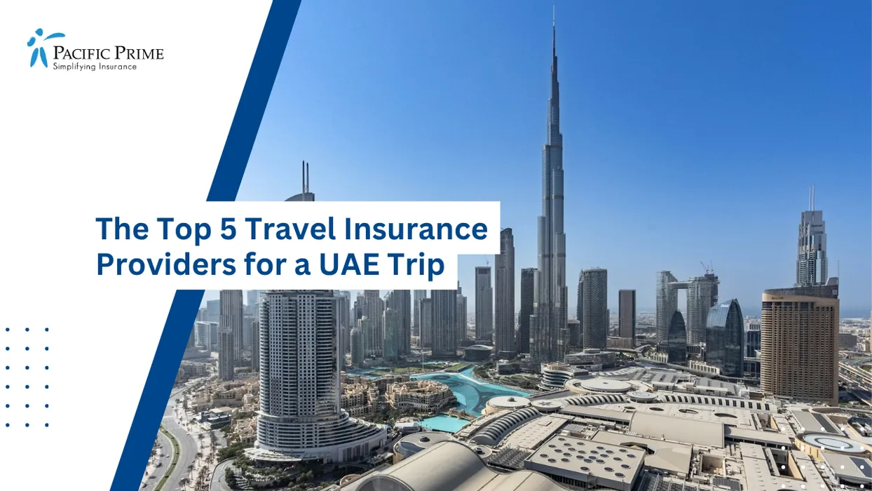 Image of Panoramic Skyline Of Downtown Dubai With Towering Skyscrapers Under Clear Skies with text overlay of "The Top 5 Travel Insurance Providers for a UAE Trip"