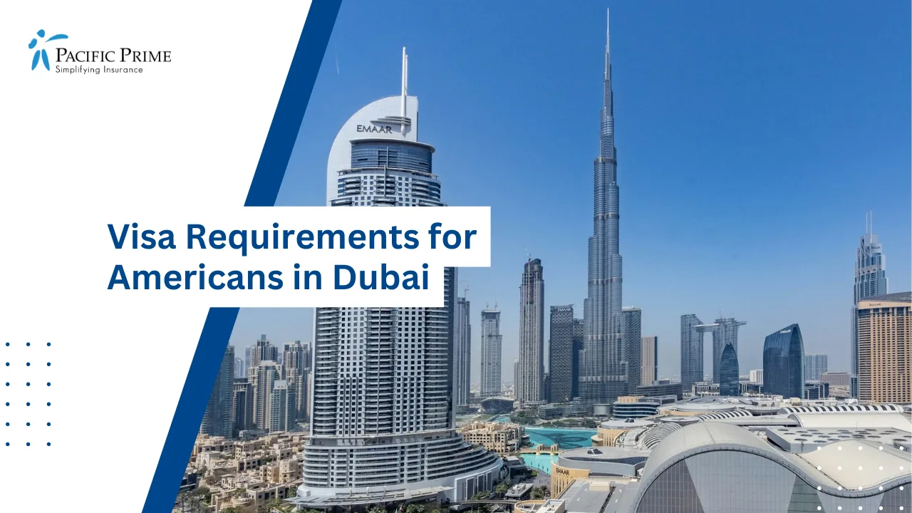 Image of Panoramic View Of Downtown Dubai Skyline With Tall Buildings with text overlay of "Visa Requirements for Americans in Dubai"