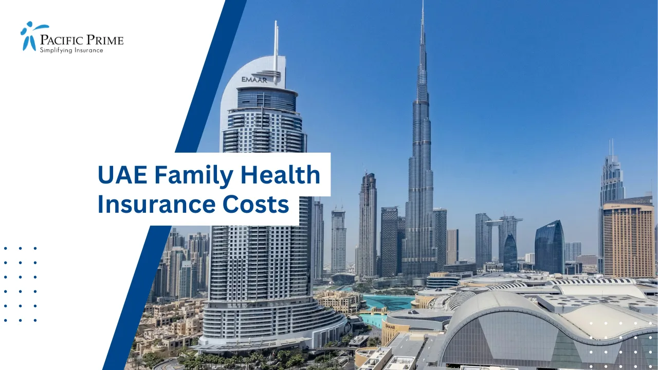 Image of Panoramic View Of Downtown Dubai Skyline With Tall Buildings with text overlay of "UAE Family Health Insurance Costs"