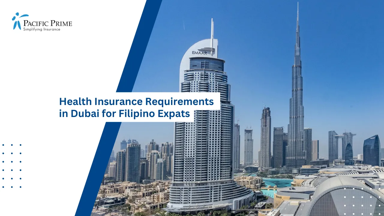 Image of Panoramic View Of Downtown Dubai Skyline with text overlay of "Health Insurance Requirements in Dubai for Filipino Expats"