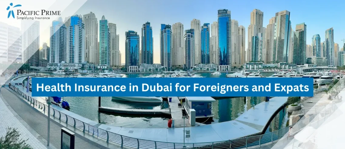 Image of Panoramic View Of Dubai Harbor With Boats On Calm Blue Water with text overlay of "Health Insurance in Dubai for Foreigners and Expats"