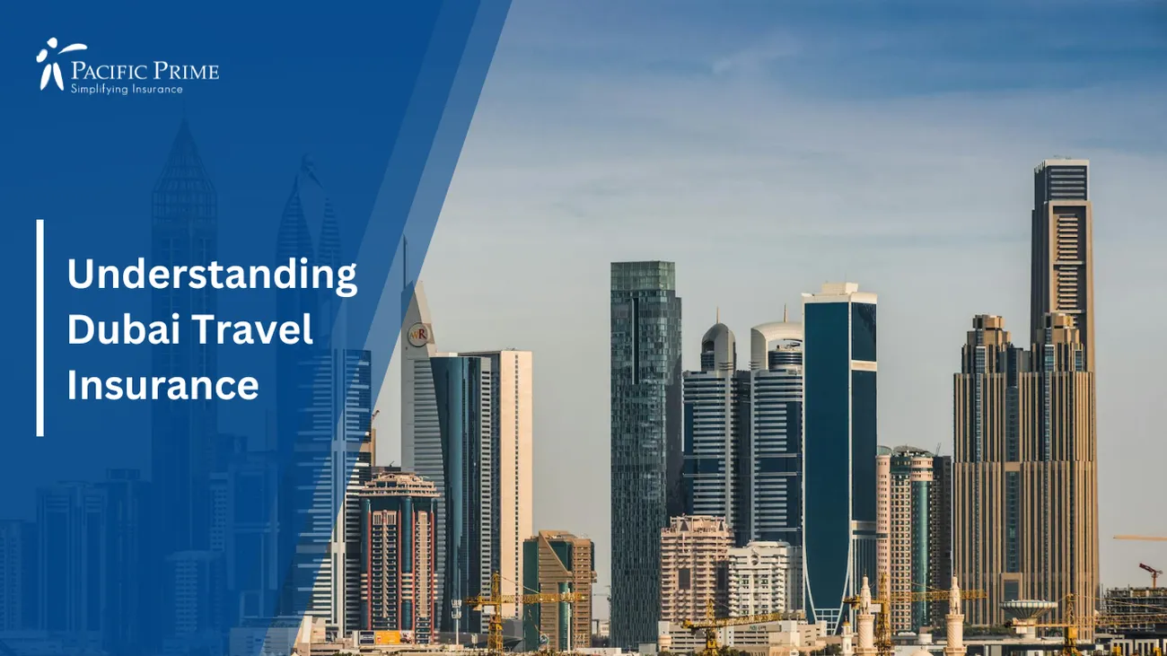 Image of Panoramic View Of Dubai's Iconic City Skyline with text overlay of "Understanding Dubai Travel Insurance"