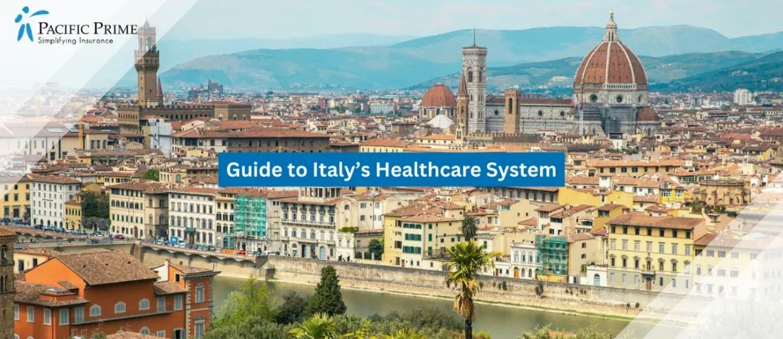 Image of Panoramic View Of Florence With Historic Rooftops And The Arno River Below with text overlay of "Guide to Italy’s Healthcare System"