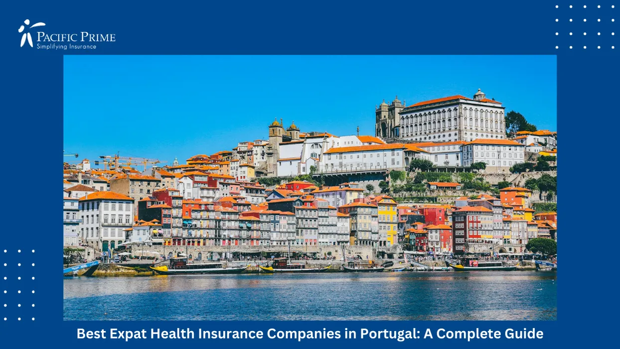 Image of Panoramic View Of Porto City Skyline Overlooking The Douro River, Portugal with text overlay of "Best Expat Health Insurance Companies in Portugal: A Complete Guide"