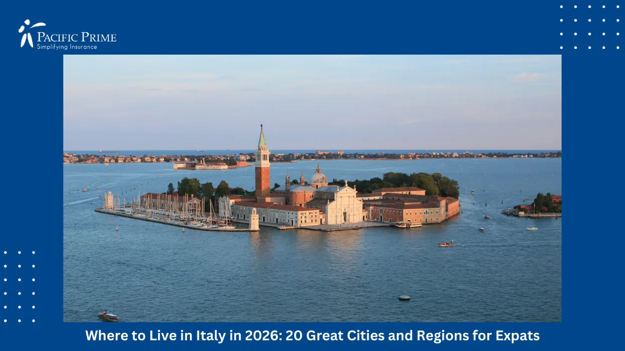 Image of Panoramic View Of San Giorgio Maggiore Across The Venetian Lagoon At Sunset with text overlay of "Where to Live in Italy in 2026: 20 Great Cities and Regions for Expats"