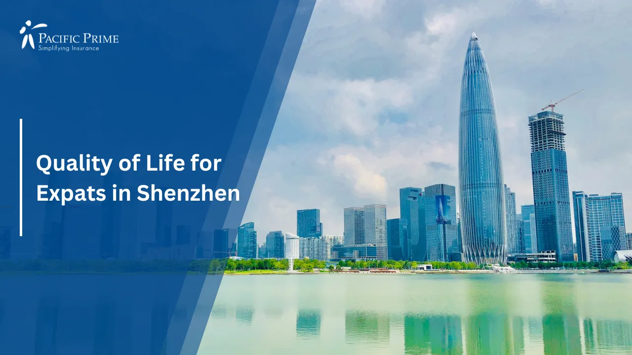 Image of Panoramic View Of Shenzhen High-rises By The Ocean with text overlay of "Quality of Life for Expats in Shenzhen"
