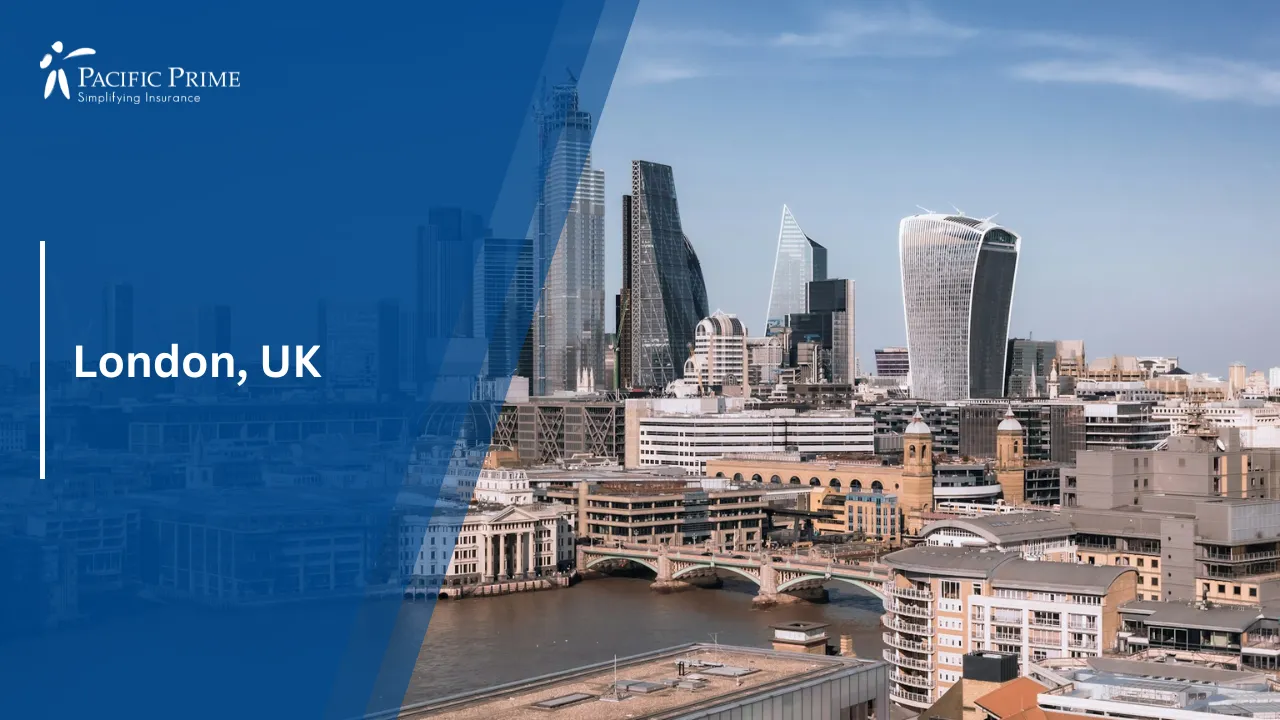 Image of Panoramic View Of The City Of London Skyline From Above with text overlay of "London, UK"