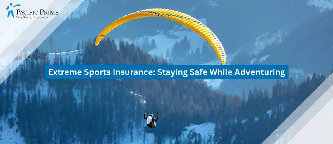 Image of Paragliding Above Snow-covered Dolomite Peaks In Trentino-south Tyrol with text overlay of "Extreme Sports Insurance: Staying Safe While Adventuring"