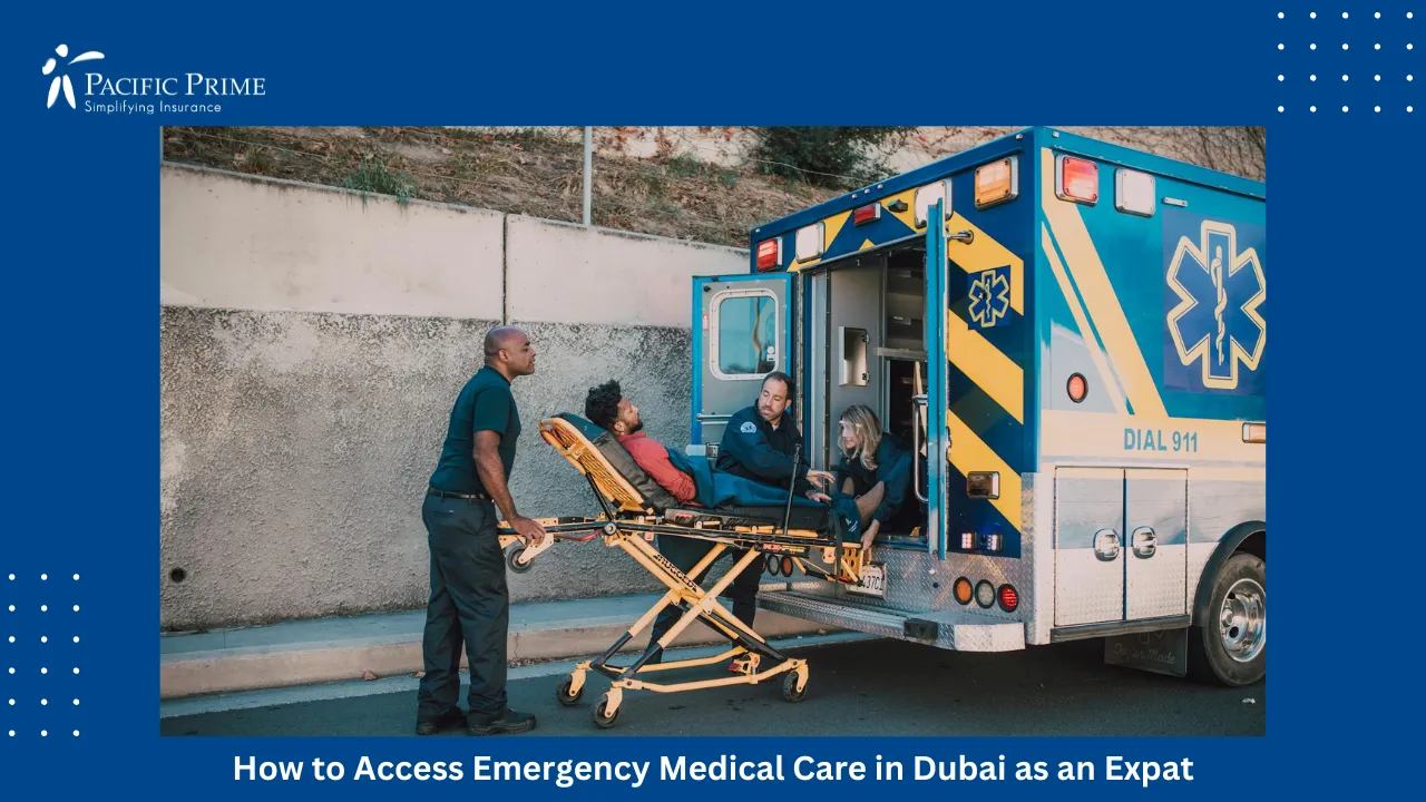 Image of Paramedics Assisting Patient On Stretcher Into Ambulance with text overlay of "How to Access Emergency Medical Care in Dubai as an Expat"