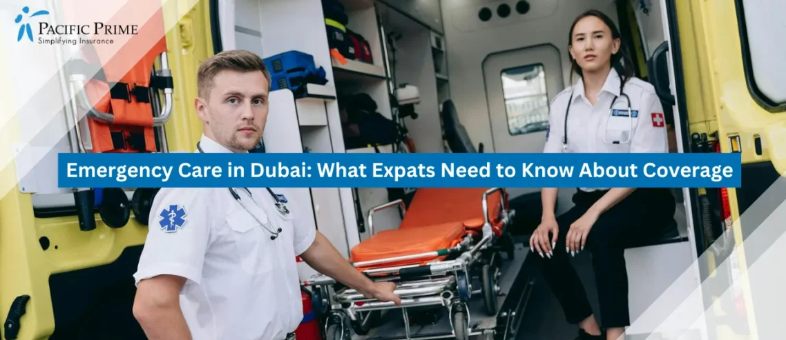 Image of Paramedics Preparing Medical Gear Inside Ambulance with text overlay of "Emergency Care in Dubai: What Expats Need to Know About Coverage"