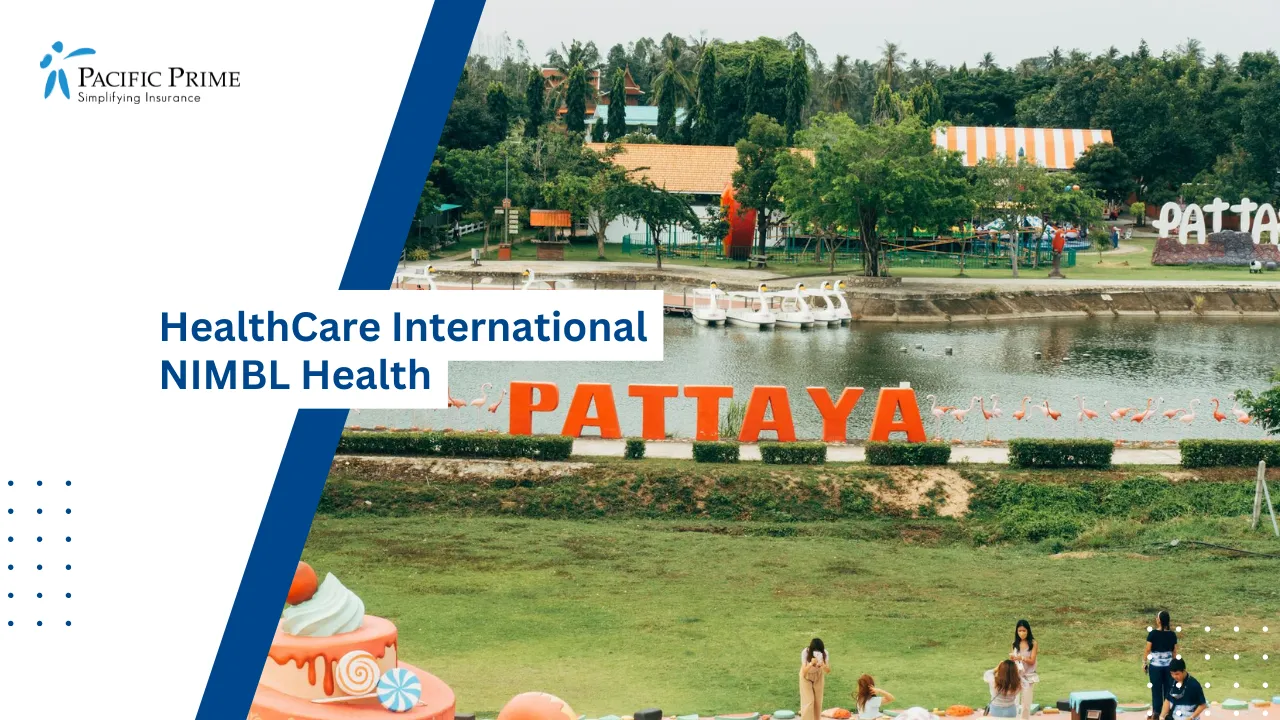 Image of Party Decorations Set Up Near Lakeside In Lush Green Pattaya Landscape with text overlay of "HealthCare International NIMBL Health"