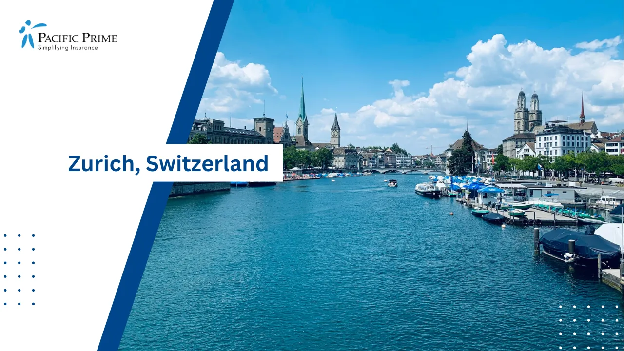 Image of Passenger Boat On Lake Zurich Near Bellevue Under Clear Skies with text overlay of "Zurich, Switzerland"