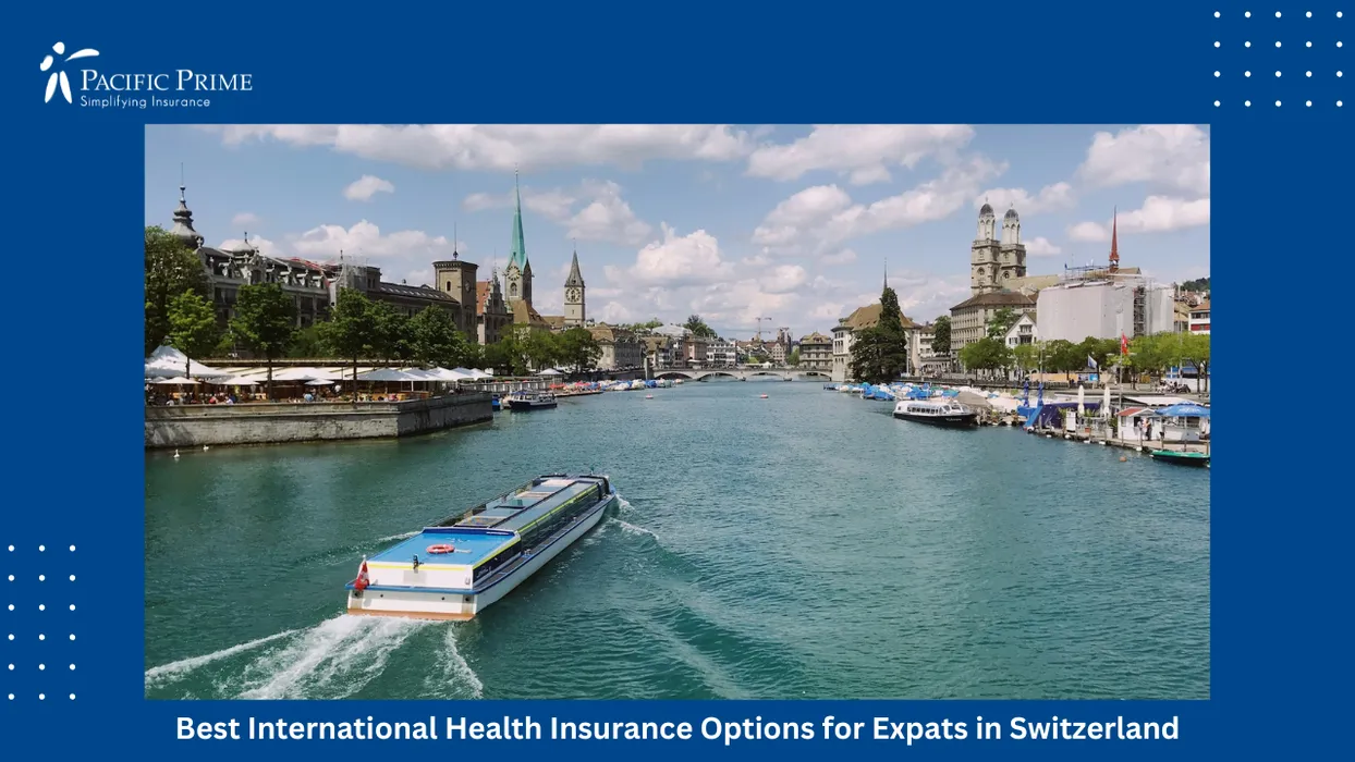 Image of Passenger Ferry On Lake Zurich Near Bellevue Under Clear Blue Skies with text overlay of "Best International Health Insurance Options for Expats in Switzerland"