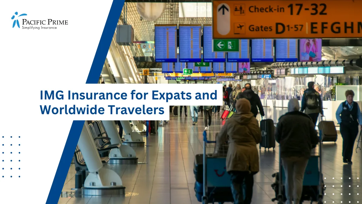Image of Passengers Moving Through Amsterdam Schiphol Check-in Hall With Luggage with text overlay of "IMG Insurance for Expats and Worldwide Travelers"