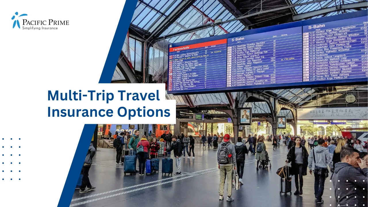 Image of Passengers Walking Inside Zurich Hb Main Station In Switzerland During Daytime with text overlay of "Multi-Trip Travel Insurance Options"