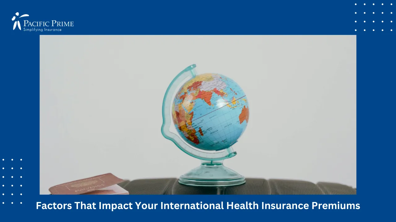 Image of Passport Next To Globe Representing International Travel with text overlay of "International Health Insurance Premiums for Expats"