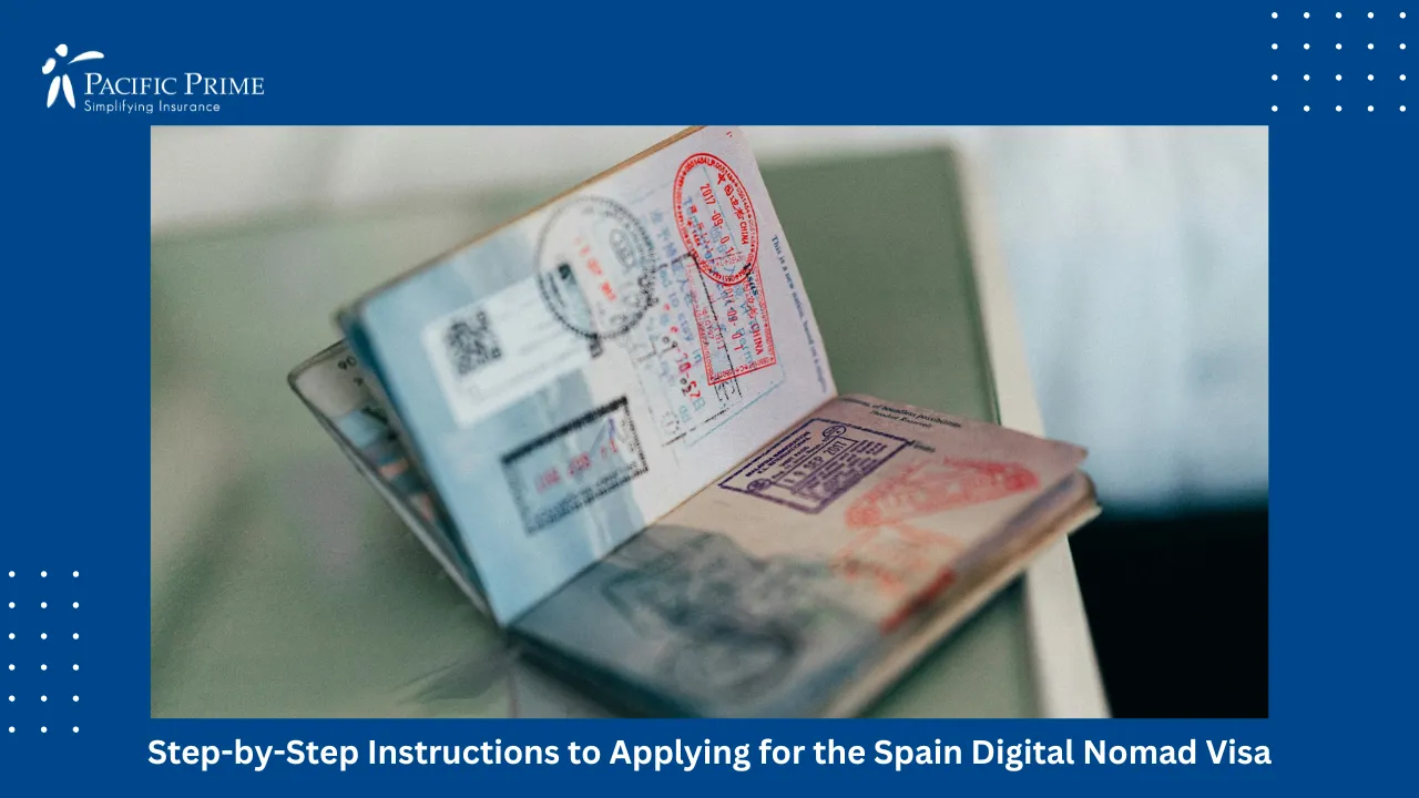 Image of Passport Placed On A Wooden Table Surface with text overlay of "Step-by-Step Instructions to Applying for the Spain Digital Nomad Visa"