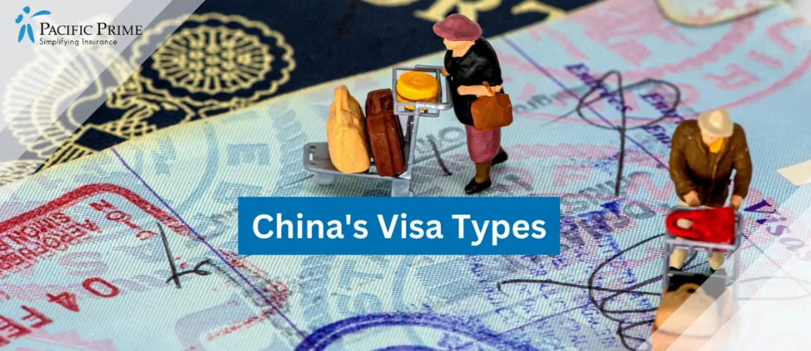 Image of Passport With Visa Stamp And Two Toy Figures On It with text overlay of "China's Visa Types"