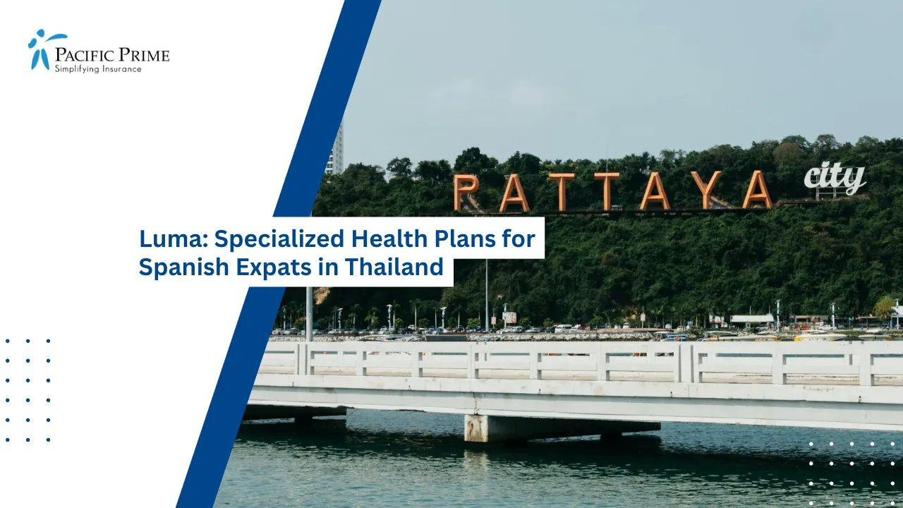 Image of Pattaya Cityscape With Coastal Skyline In Chon Buri, Thailand with text overlay of "Luma:  Specialized Health Plans for Spanish Expats in Thailand"