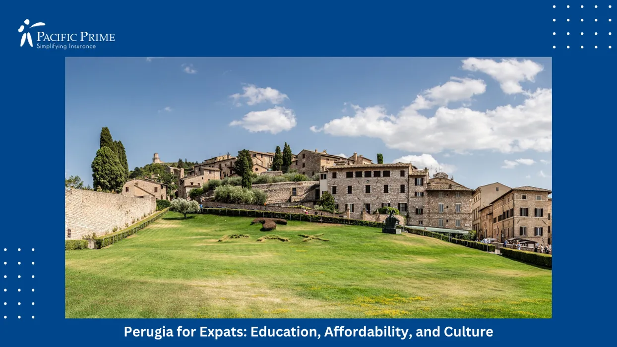 Image of Peaceful Garden Surrounding The Basilica Of St. Francis In Assisi, Italy with text overlay of "Perugia for Expats: Education, Affordability, and Culture"
