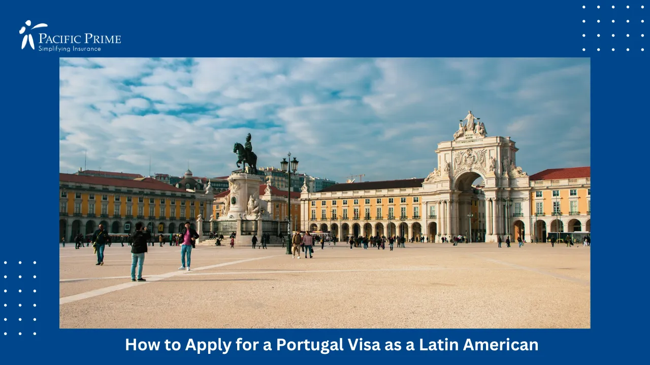 Image of Pedestrians At Praça Do Comércio On A Sunny Day In Lisbon, Portugal with text overlay of "How to Apply for a Portugal Visa as a Latin American"