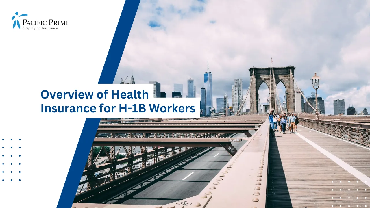 Image of Pedestrians Crossing Bridge On Sunny Day In Brooklyn, New York with text overlay of "Overview of Health Insurance for H-1B Workers"