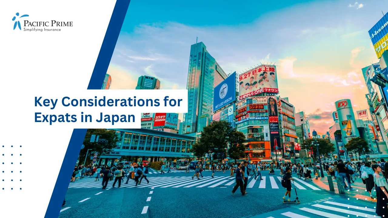 Image of Pedestrians Crossing Street In Shibuya Under A Cloudy Sky with text overlay of "Key Considerations for Expats in Japan"