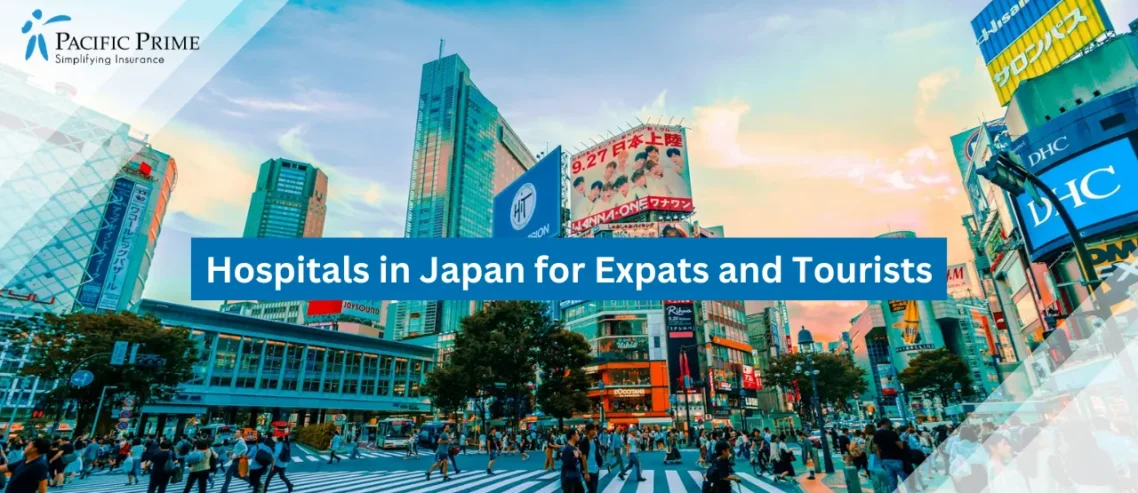 Image of Pedestrians Crossing Street In Shibuya Under Cloudy Skies with text overlay of "Hospitals in Japan for Expats and Tourists"