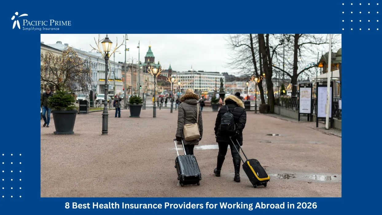 Image of Pedestrians Exploring Helsinki Streets With Modern Architecture And Open Plazas with text overlay of "8 Best Health Insurance Providers for Working Abroad in 2026"
