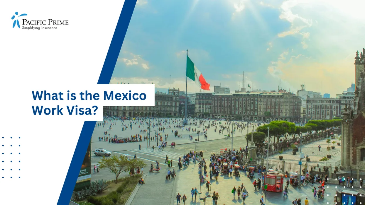 Image of Pedestrians Moving Through Mexico City’s Zócalo Plaza Surrounded By Historic Buildings with text overlay of "What is the Mexico Work Visa?"