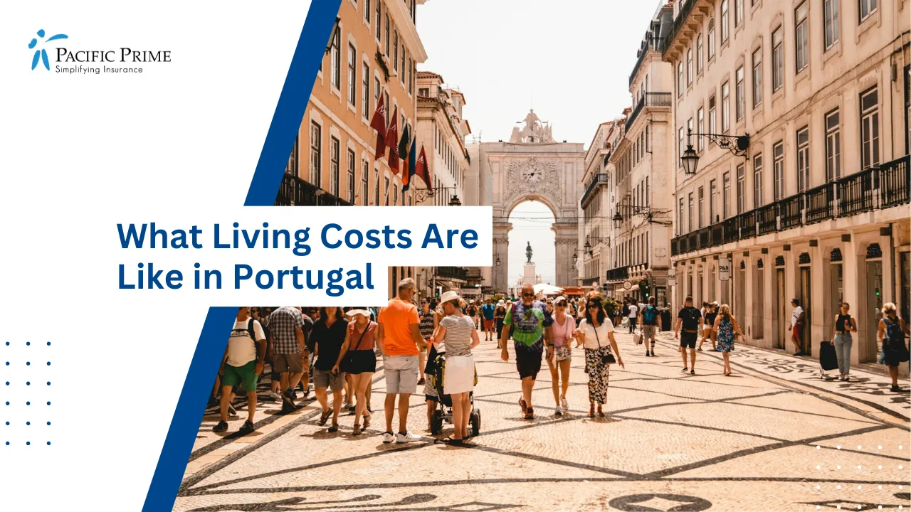 Image of Pedestrians Strolling Along A City Street In Lisbon On A Sunny Day with text overlay of "What Living Costs Are Like in Portugal"