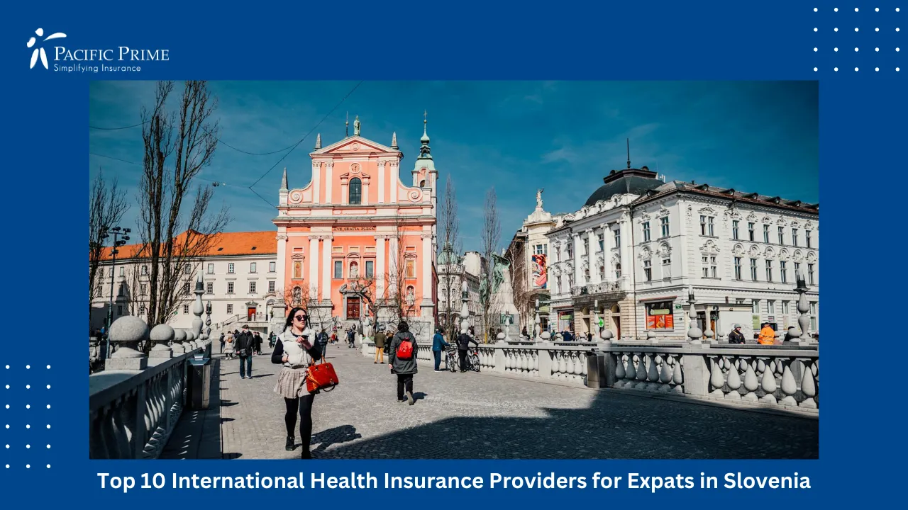Image of Pedestrians Walking Along A City Street In Ljubljana, Slovenia with text overlay of "Top 10 International Health Insurance Providers for Expats in Slovenia"