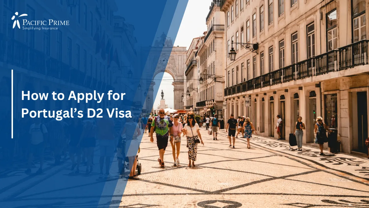 Image of Pedestrians Walking Along A Street Beside Buildings In Lisbon, Portugal with text overlay of "How to Apply for Portugal’s D2 Visa"