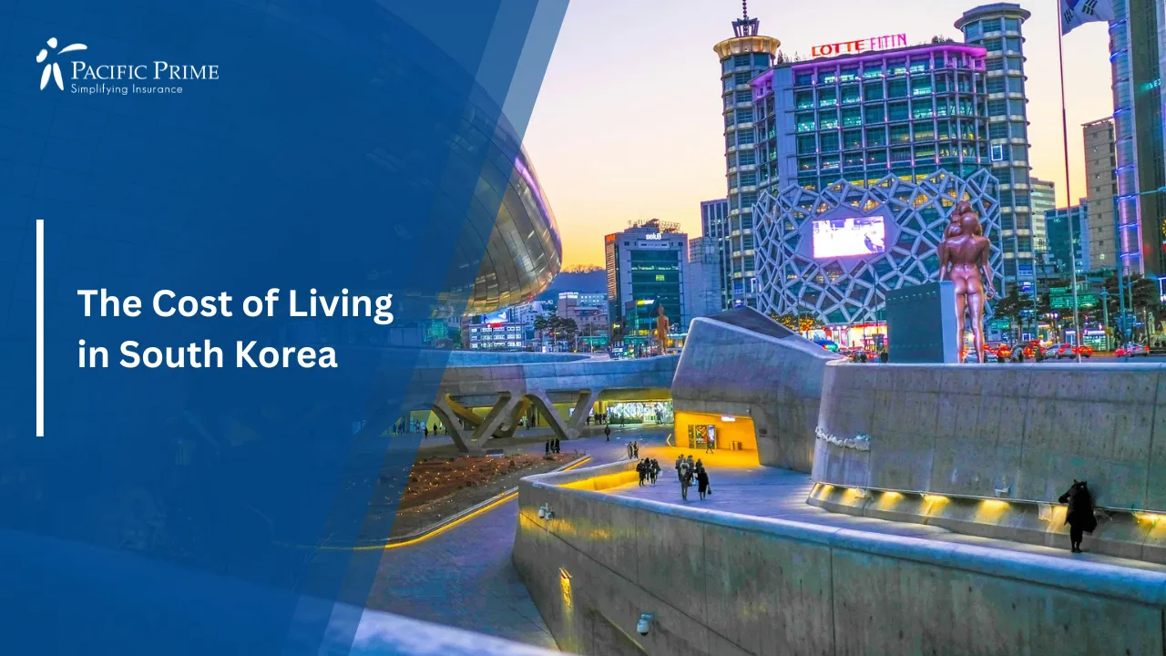 Image of Pedestrians Walking Along City Street Beside Buildings In South Korea with text overlay of "The Cost of Living in South Korea"