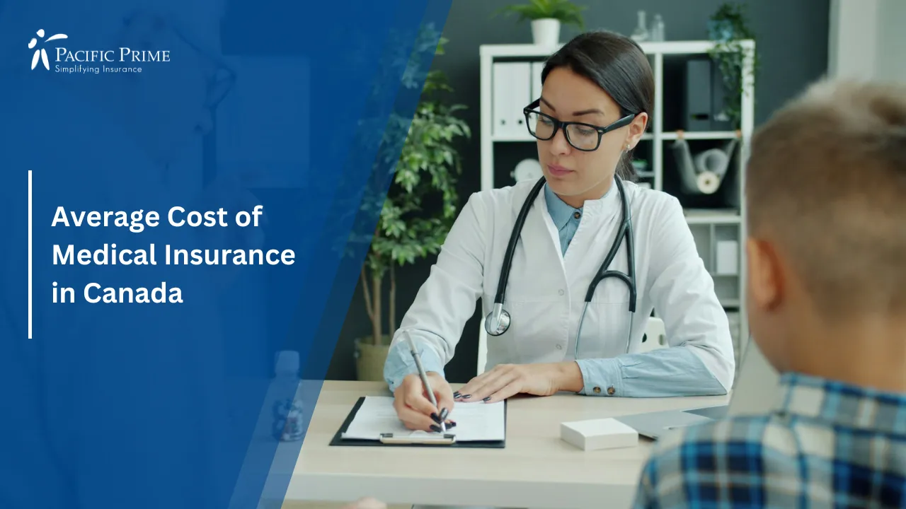 Image of Pediatric Doctor Consulting With Senior Man And Child In Clinic with text overlay of "Average Cost of Medical Insurance in Canada"