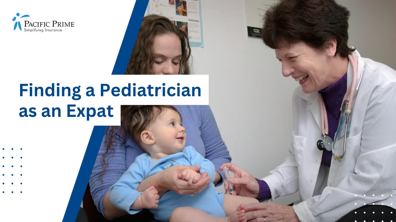 Image of Pediatrician Administering Vaccine To Baby with text overlay of "Finding a Pediatrician as an Expat"