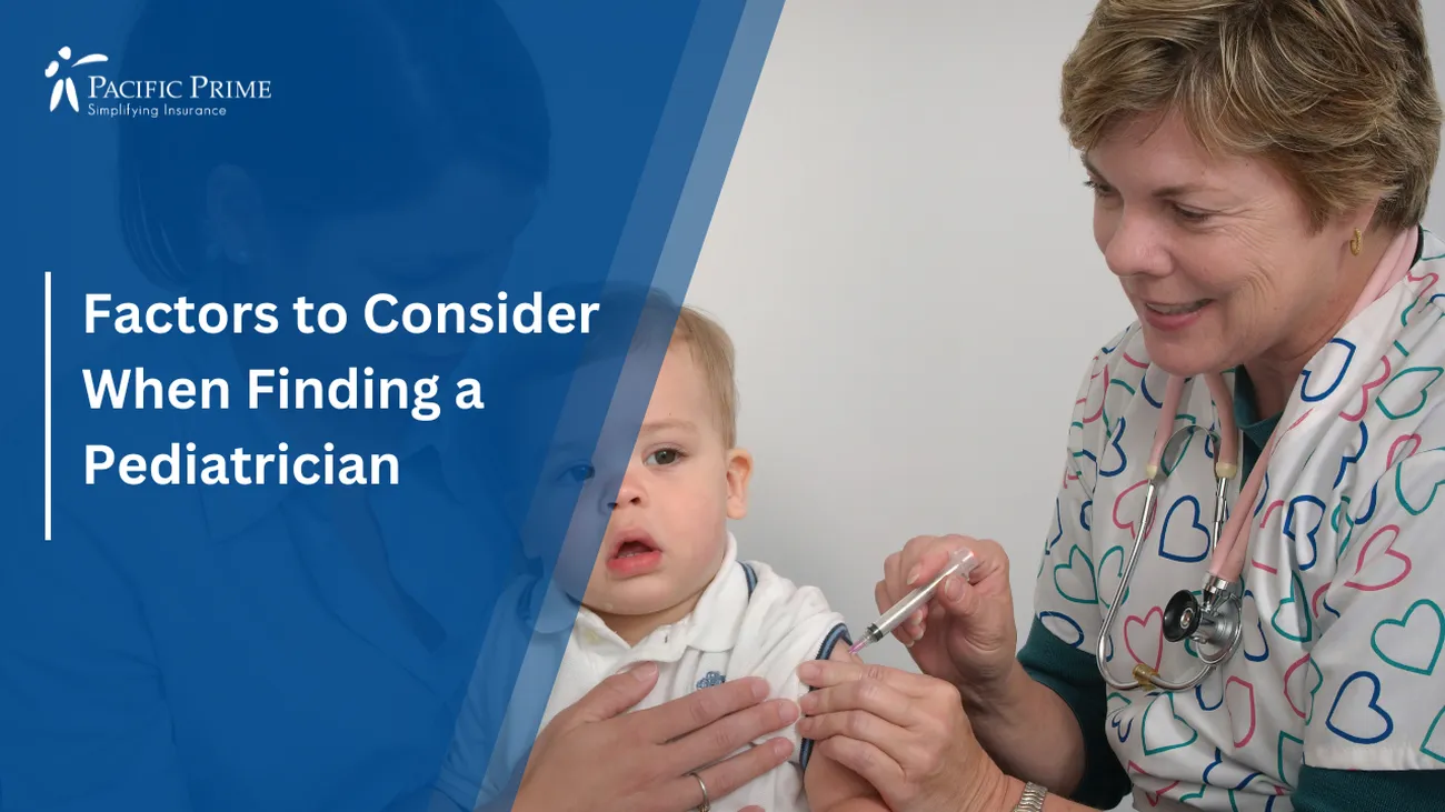 Image of Pediatrician Giving Vaccine To A Baby with text overlay of "Factors to Consider When Finding a Pediatrician"