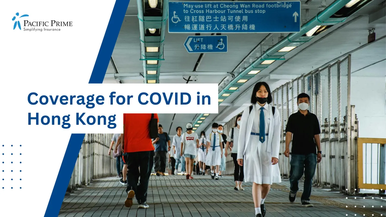 Image of People Crossing Cheong Wan Road Footbridge In Hong Kong with text overlay of "Coverage for COVID in Hong Kong"