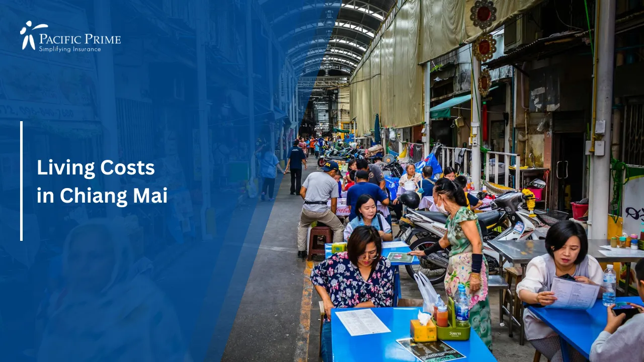 Image of People Dining At Outdoor Restaurants In Chiang Mai Alley with text overlay of "Living Costs in Chiang Mai"