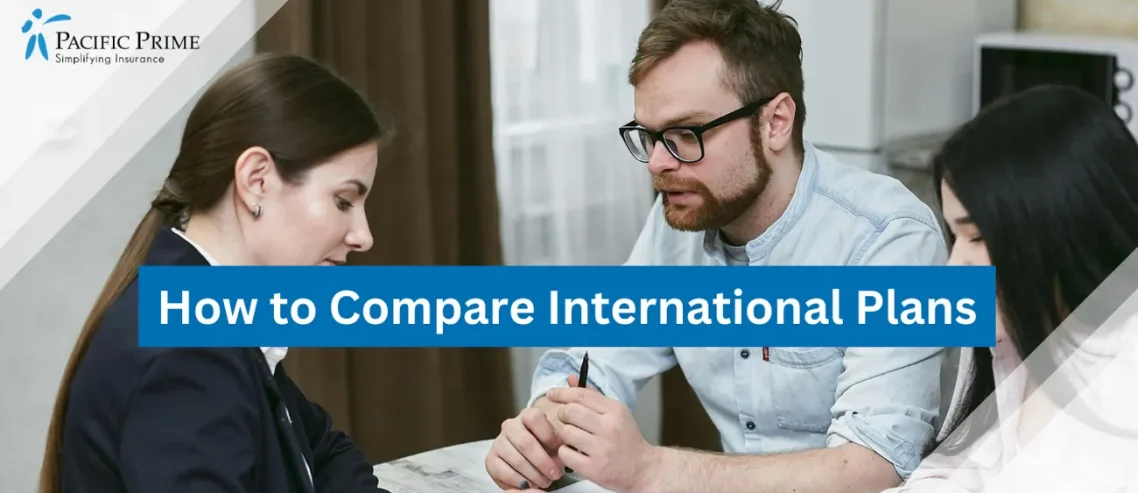 Image of People Discussing International Insurance Plans with text overlay of "How to Compare International Plans"