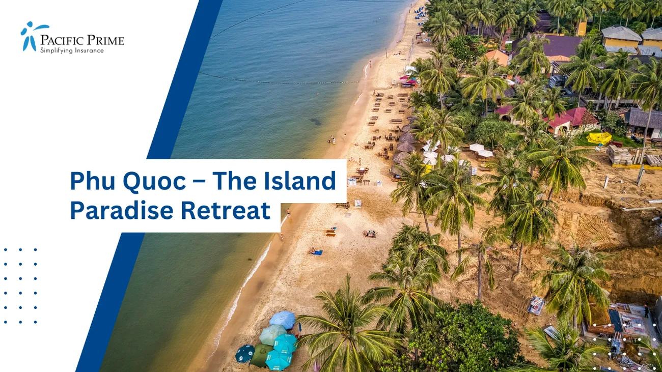 Image of People Enjoying A Daytime Beach In Phú Quốc, Kiên Giang, Vietnam with text overlay of "Phu Quoc – The Island Paradise Retreat"